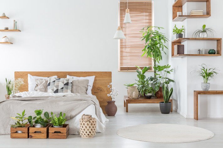 Przytulna, biała sypialnia z drewnianymi dodatkami i roślinami